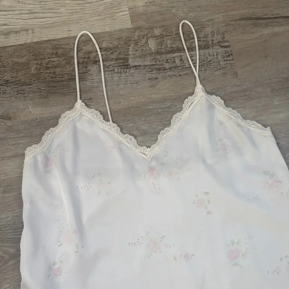 Vintage White Satin Floral Lace Trim Slip Dress Nightgown Coquette Cottagecore L - Picture 2 of 5